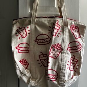 Cream and Red Canvas Tote with Food-Themed Pattern